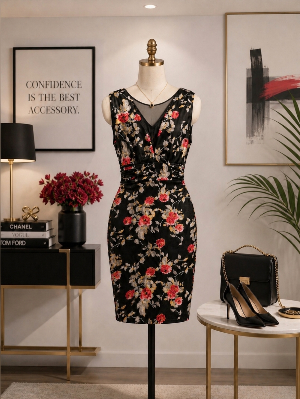 SZ 8 (Medium )Black Floral Sheath  Cocktail Evening Dress